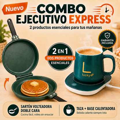 Sartén Doble Cara + Taza con Base Calentadora = ¡Combo para desayunos express!