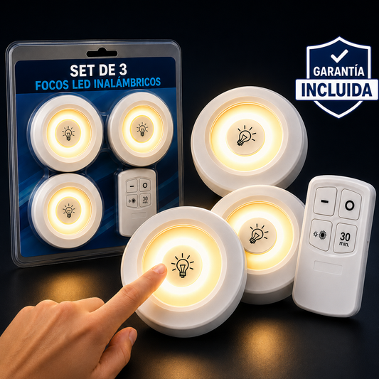 Set 3 Focos LED Adheribles con Control Remoto