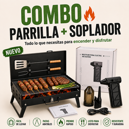 Combo Asador Portátil Plegable + Soplador Eléctrico