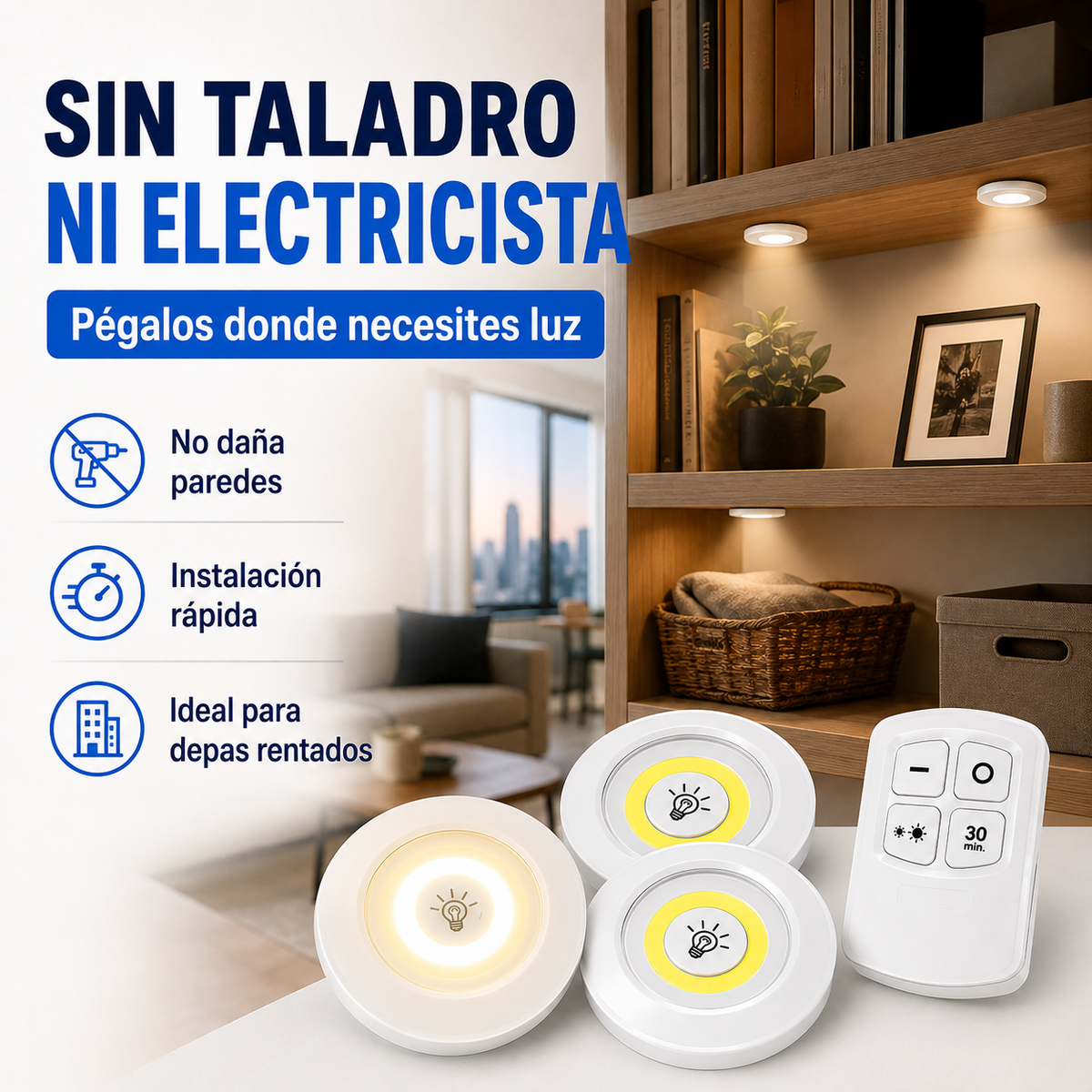 Set 3 Focos LED Adheribles con Control Remoto