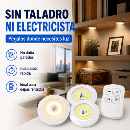 Set 3 Focos LED Adheribles con Control Remoto
