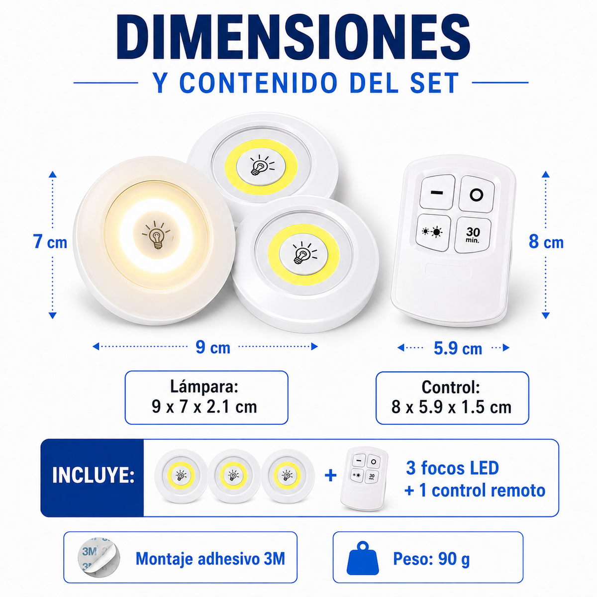 Set 3 Focos LED Adheribles con Control Remoto