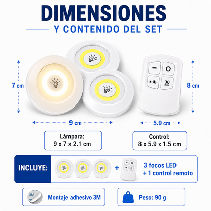Set 3 Focos LED Adheribles con Control Remoto