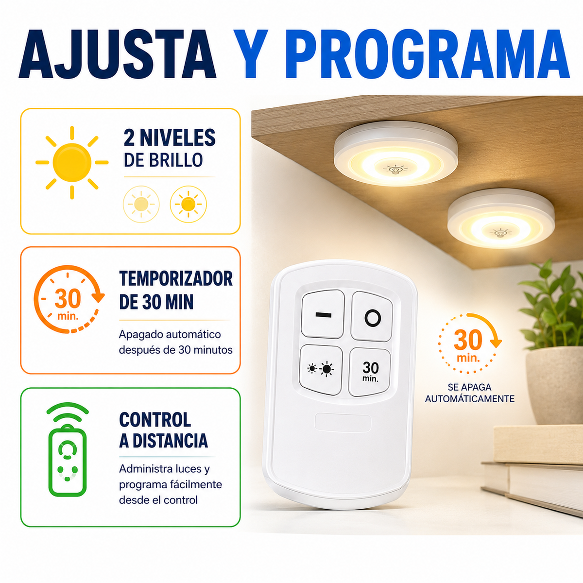 Set 3 Focos LED Adheribles con Control Remoto