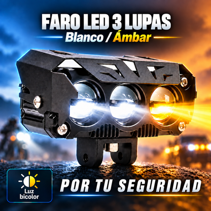 Faro LED: 3 Lupas de Alto Rendimiento, Luz Bicolor + Largo Alcance
