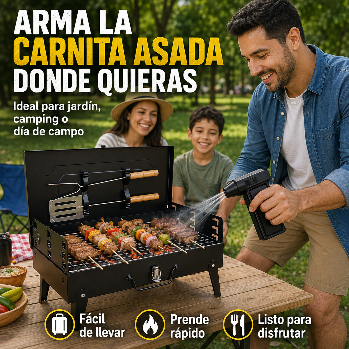 Combo Asador Portátil Plegable + Soplador Eléctrico