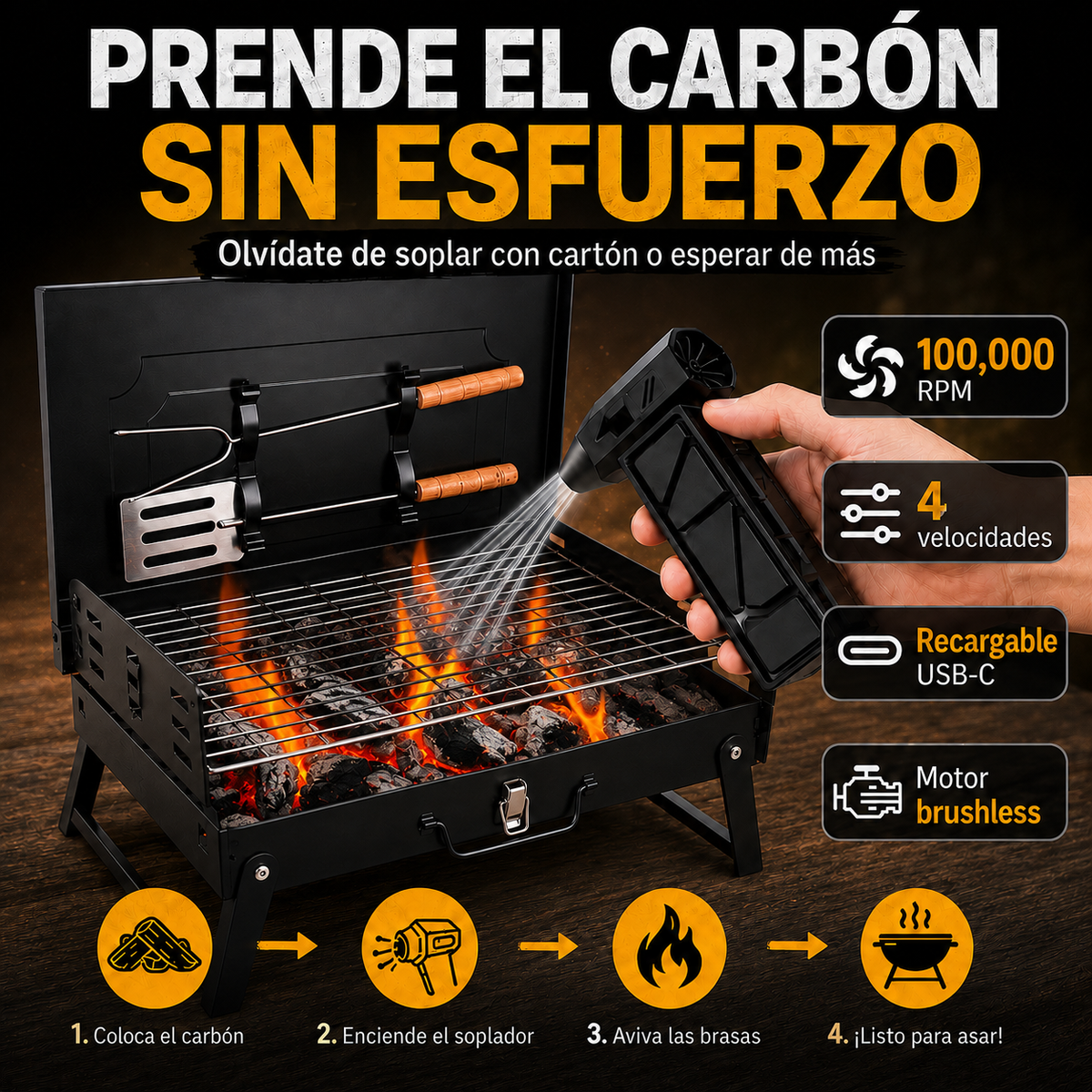 Combo Asador Portátil Plegable + Soplador Eléctrico