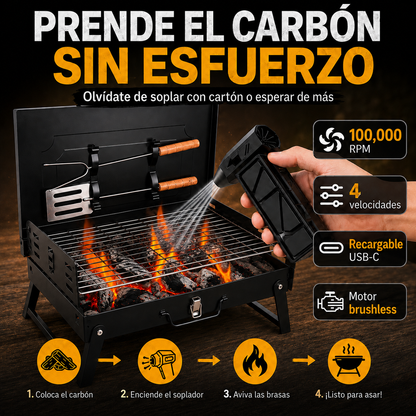Combo Asador Portátil Plegable + Soplador Eléctrico